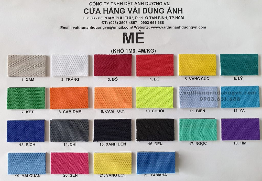Vải thun mè hạt nhỏ, to. Hạt mè dẹp 1 mặt. Có loại mè 2 chiều và 4 chiều, mỏng và dày.
